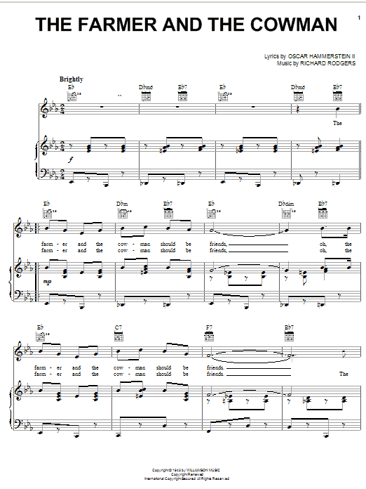 Rodgers & Hammerstein The Farmer And The Cowman (from Oklahoma!) Sheet Music Notes & Chords for Piano, Vocal & Guitar (Right-Hand Melody) - Download or Print PDF