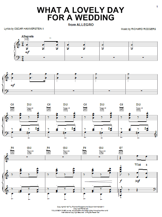 Hammerstein, Rodgers & What A Lovely Day For A Wedding Sheet Music Notes & Chords for Piano, Vocal & Guitar (Right-Hand Melody) - Download or Print PDF