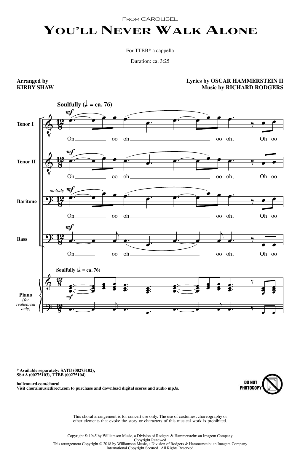 Kirby Shaw You'll Never Walk Alone Sheet Music Notes & Chords for TTBB - Download or Print PDF