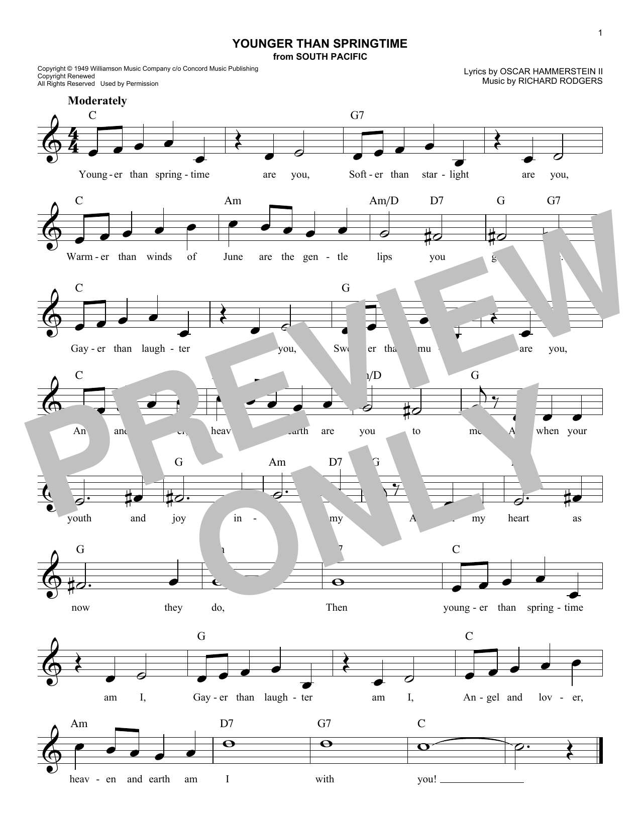 Rodgers & Hammerstein Younger Than Springtime (from South Pacific) Sheet Music Notes & Chords for Lead Sheet / Fake Book - Download or Print PDF