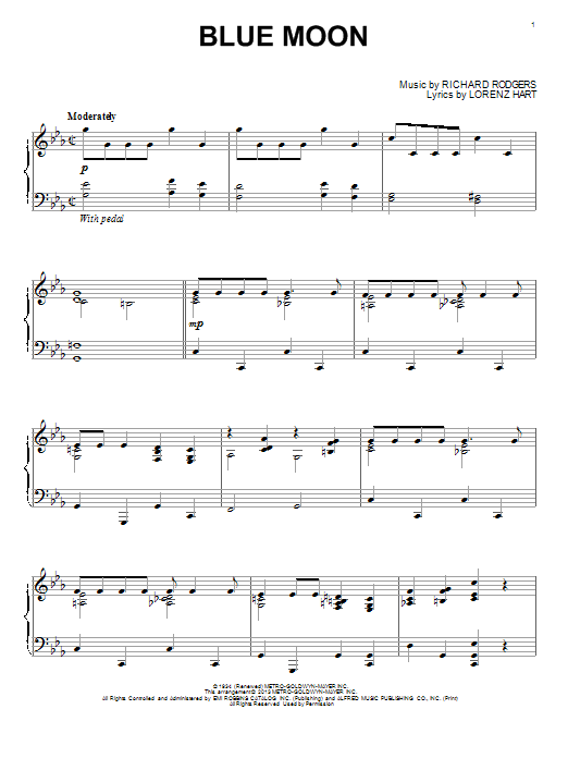 Rodgers & Hart Blue Moon Sheet Music Notes & Chords for Melody Line, Lyrics & Chords - Download or Print PDF