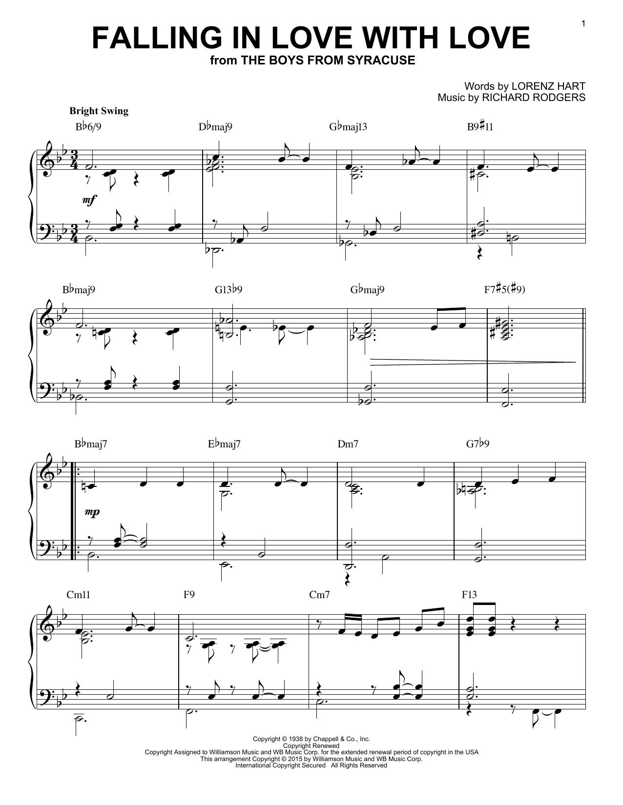 Rodgers & Hart Falling In Love With Love [Jazz version] (arr. Brent Edstrom) Sheet Music Notes & Chords for Piano - Download or Print PDF