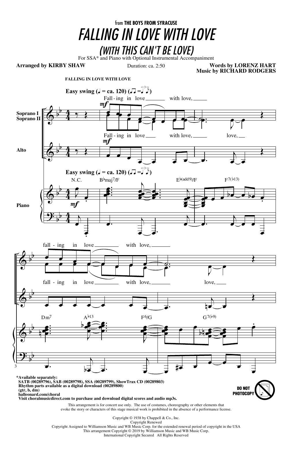 Rodgers & Hart Falling In Love With Love (with This Can't Be Love) (arr. Kirby Shaw) Sheet Music Notes & Chords for SSA Choir - Download or Print PDF