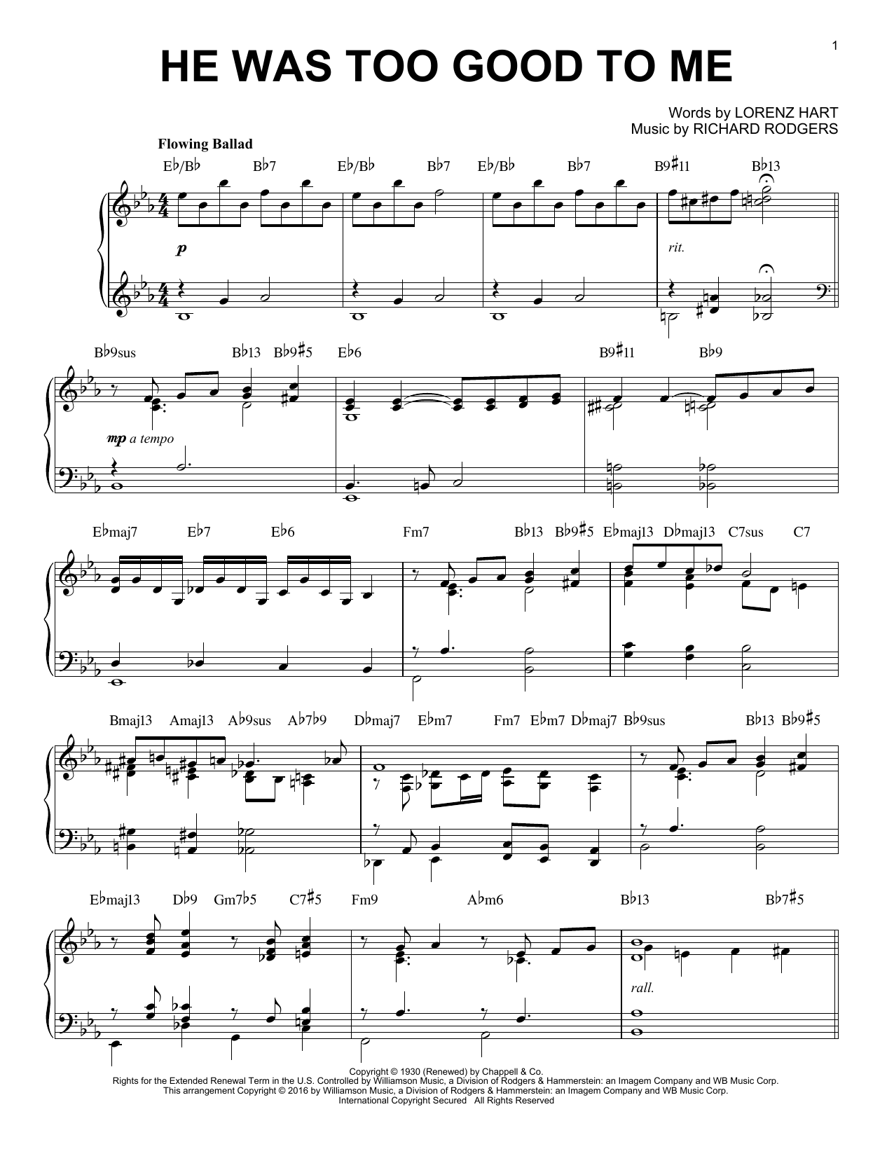 Rodgers & Hart He Was Too Good To Me [Jazz version] (arr. Brent Edstrom) Sheet Music Notes & Chords for Piano - Download or Print PDF