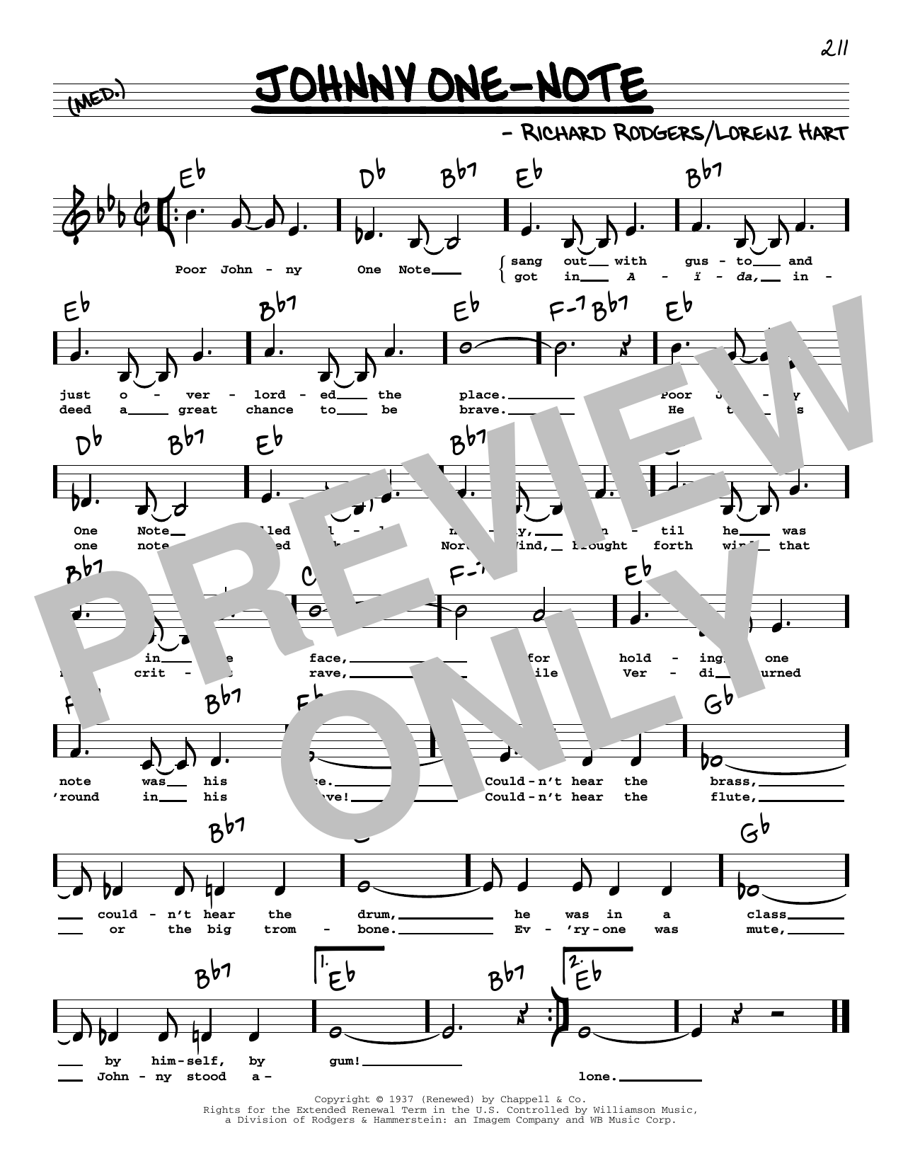 Rodgers & Hart Johnny One-Note (Low Voice) Sheet Music Notes & Chords for Real Book – Melody, Lyrics & Chords - Download or Print PDF