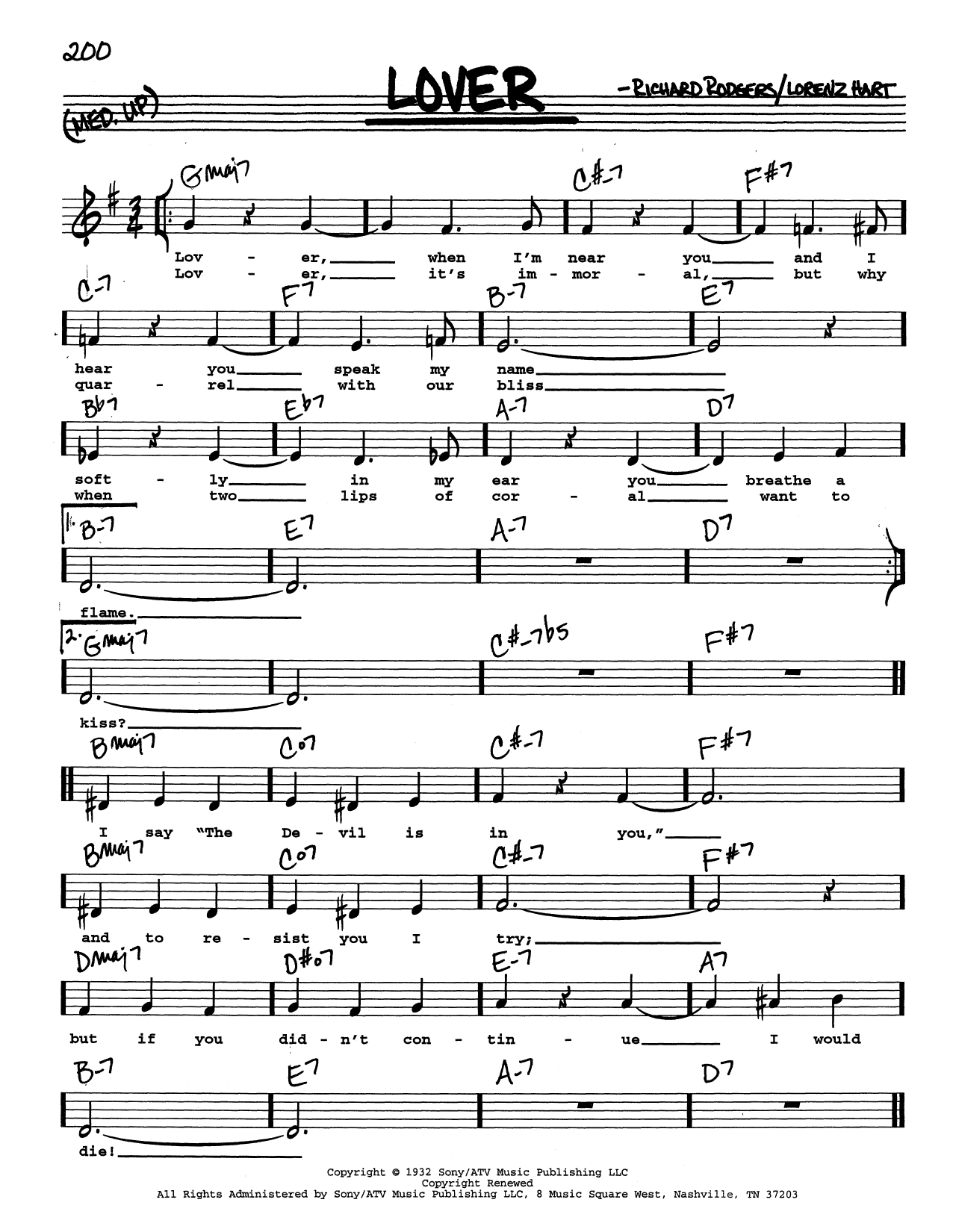 Rodgers & Hart Lover (Low Voice) Sheet Music Notes & Chords for Real Book – Melody, Lyrics & Chords - Download or Print PDF