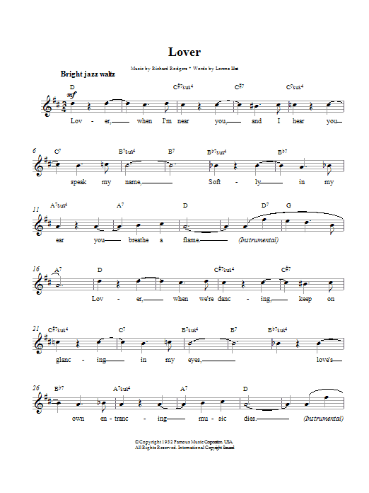 Rodgers & Hart Lover Sheet Music Notes & Chords for Melody Line, Lyrics & Chords - Download or Print PDF