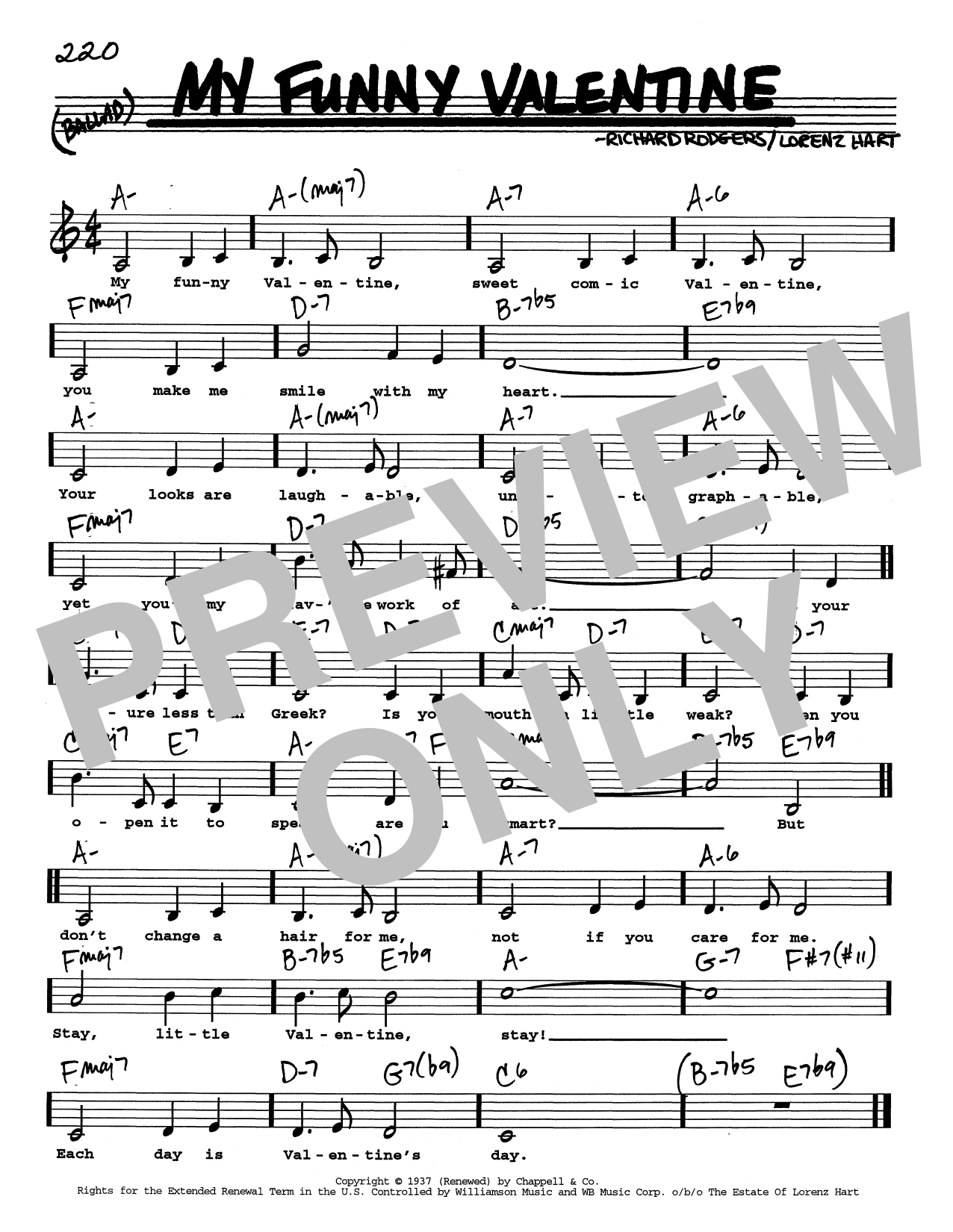 Rodgers & Hart My Funny Valentine (Low Voice) Sheet Music Notes & Chords for Real Book – Melody, Lyrics & Chords - Download or Print PDF