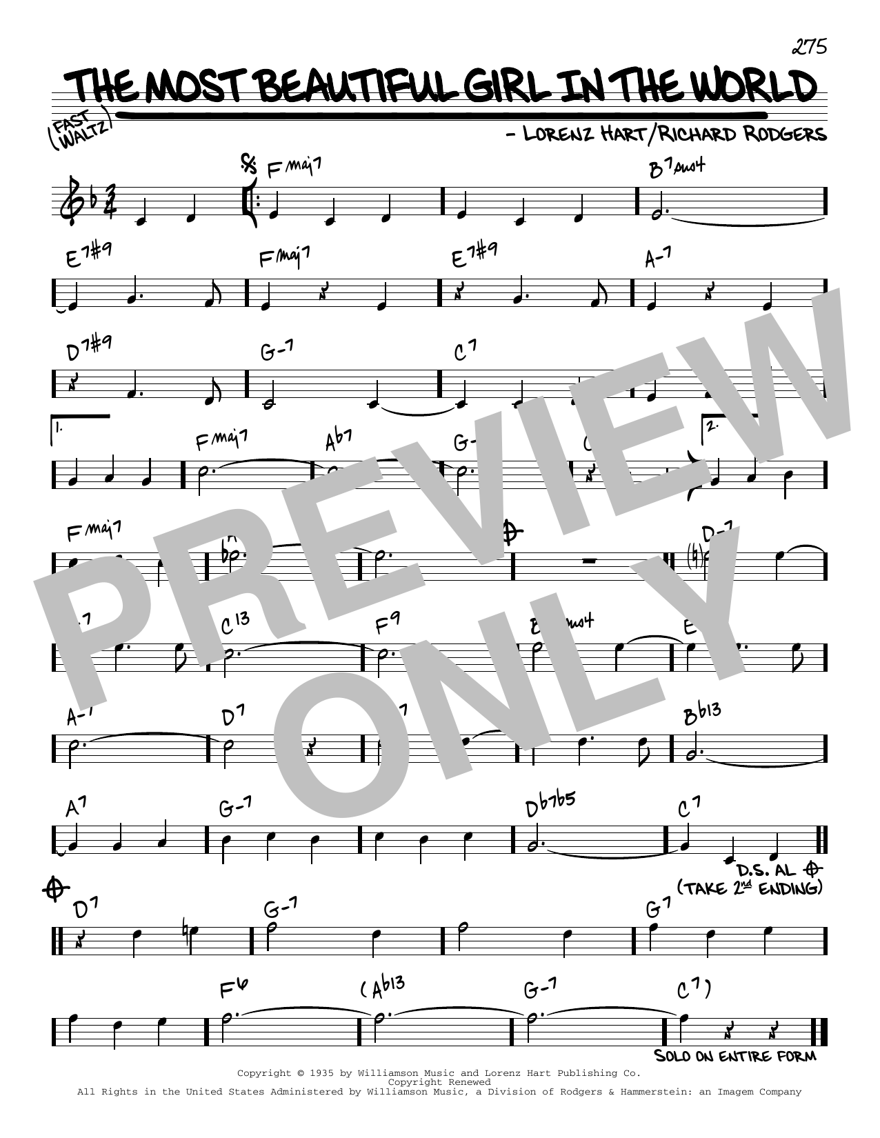Rodgers & Hart The Most Beautiful Girl In The World [Reharmonized version] (arr. Jack Grassel) Sheet Music Notes & Chords for Real Book – Melody & Chords - Download or Print PDF