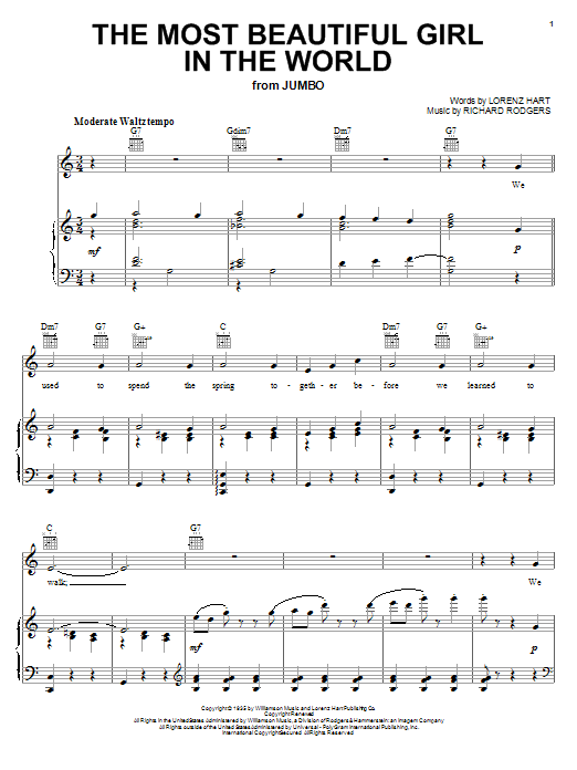 Rodgers & Hart The Most Beautiful Girl In The World Sheet Music Notes & Chords for Real Book - Melody & Chords - C Instruments - Download or Print PDF
