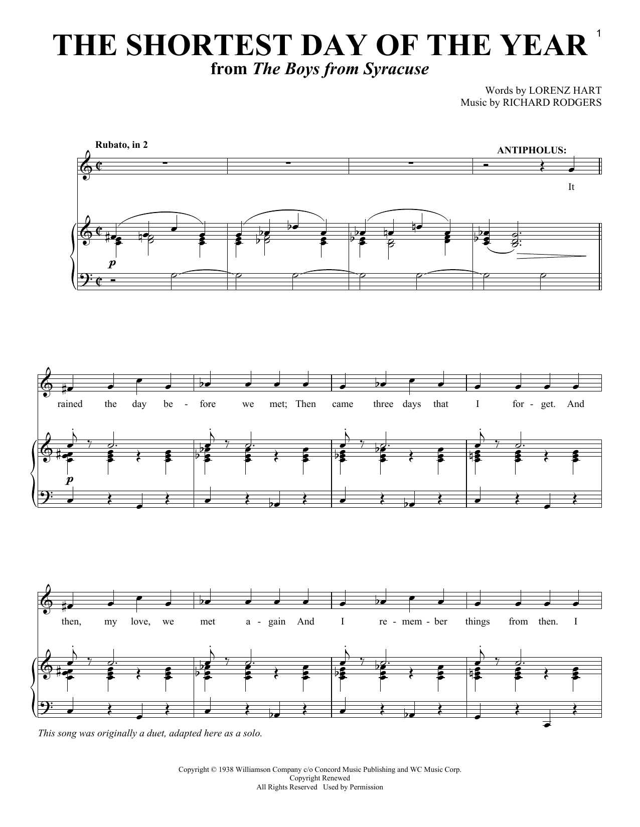 Rodgers & Hart The Shortest Day Of The Year (from The Boys From Syracuse) Sheet Music Notes & Chords for Piano & Vocal - Download or Print PDF