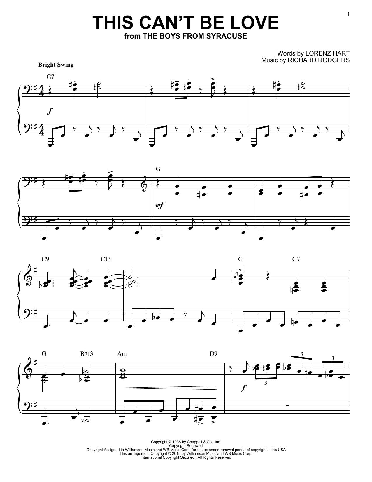 Rodgers & Hart This Can't Be Love [Jazz version] (arr. Brent Edstrom) Sheet Music Notes & Chords for Piano - Download or Print PDF