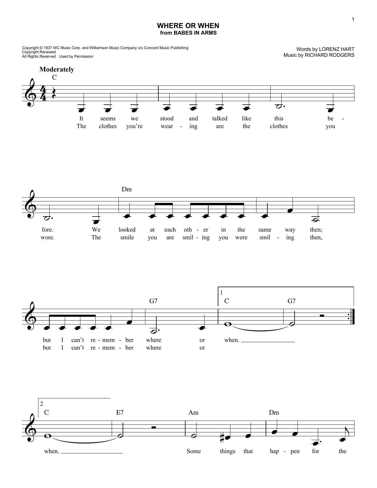 Rodgers & Hart Where Or When (from Babes In Arms) Sheet Music Notes & Chords for Lead Sheet / Fake Book - Download or Print PDF
