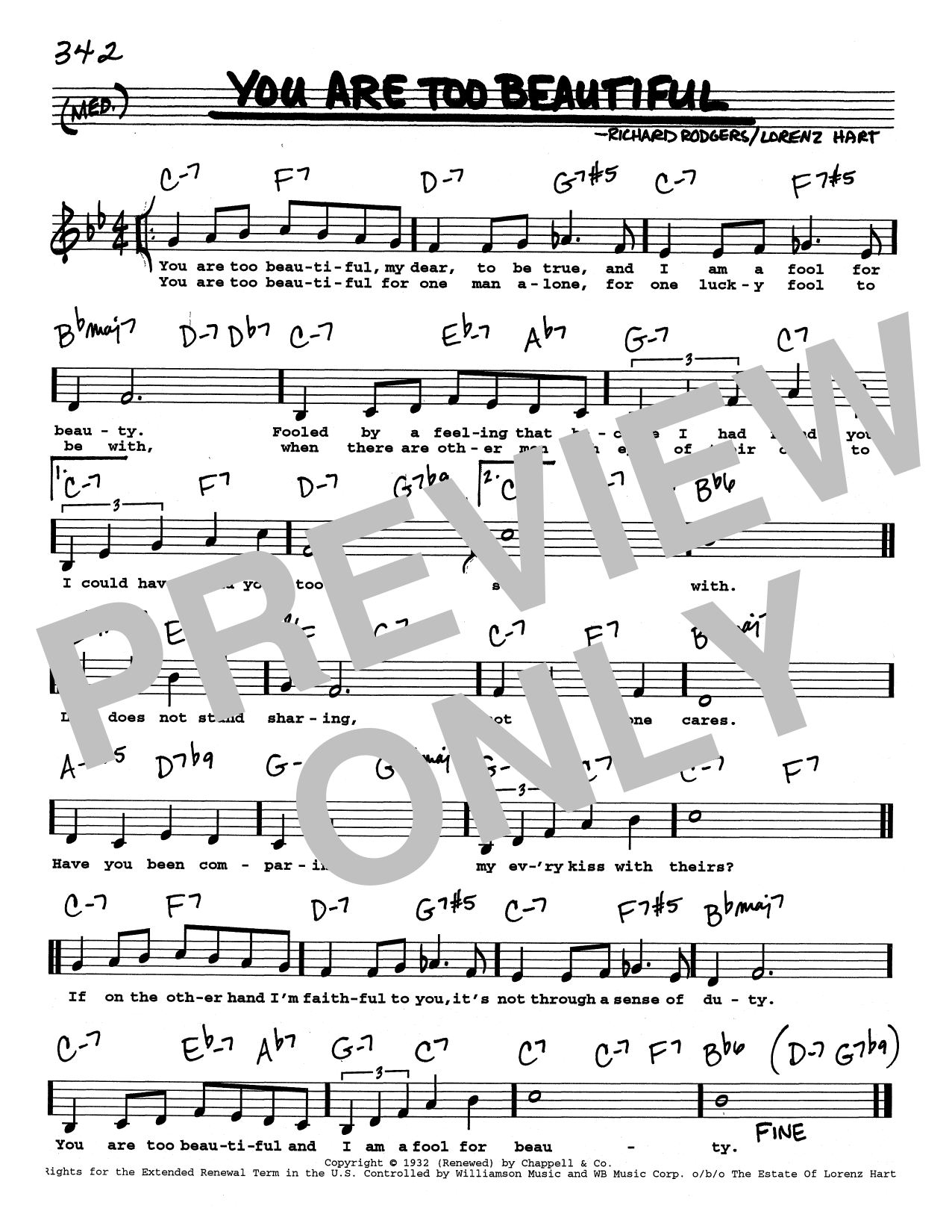 Rodgers & Hart You Are Too Beautiful (Low Voice) Sheet Music Notes & Chords for Real Book – Melody, Lyrics & Chords - Download or Print PDF