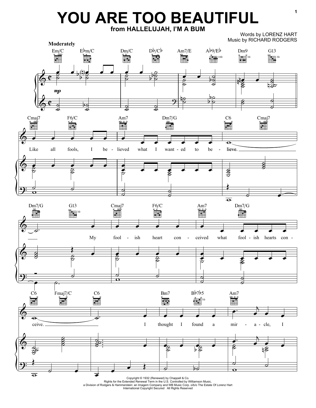 Rodgers & Hart You Are Too Beautiful Sheet Music Notes & Chords for Easy Piano - Download or Print PDF