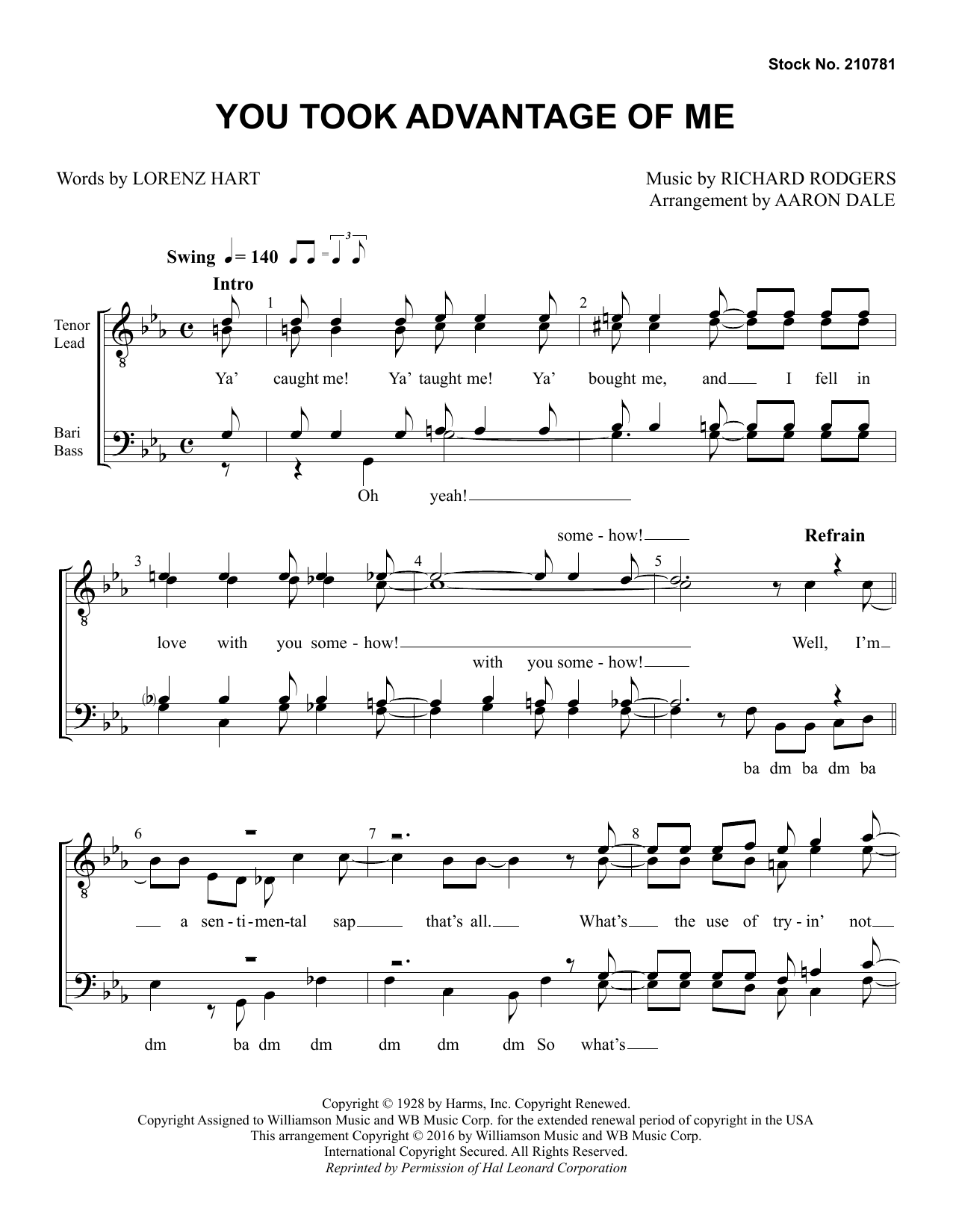 Rodgers & Hart You Took Advantage of Me (arr. Aaron Dale) Sheet Music Notes & Chords for TTBB Choir - Download or Print PDF Rodgers & Hart You Took Advantage of Me (arr. Aaron Dale) Sheet Music Notes & Chords for TTBB Choir - Download or Print PDF