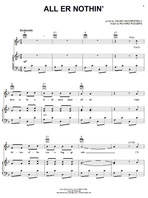 Hammerstein, Rodgers & All Er Nothin' (from Oklahoma!) Sheet Music Notes & Chords for Piano, Vocal & Guitar (Right-Hand Melody) - Download or Print PDF Hammerstein, Rodgers & All Er Nothin' (from Oklahoma!) Sheet Music Notes & Chords for Piano, Vocal & Guitar (Right-Hand Melody) - Download or Print PDF