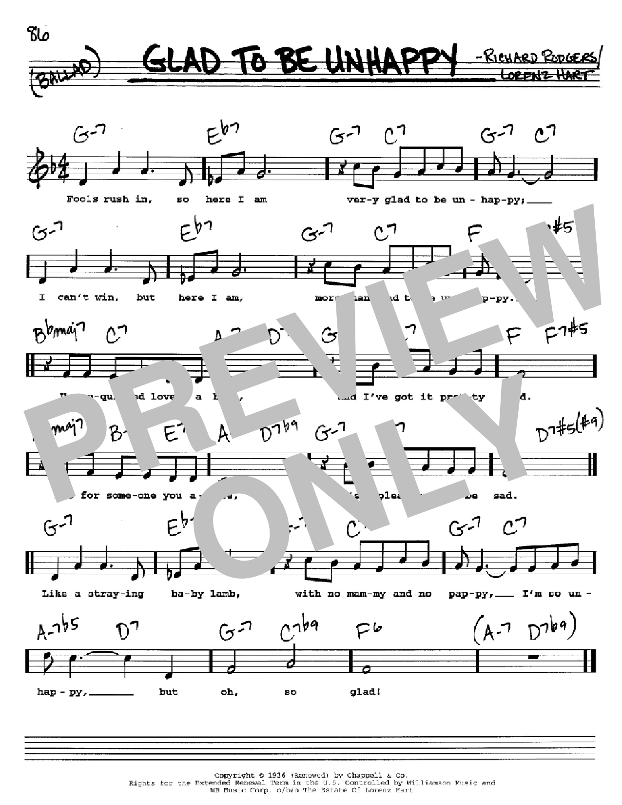 Rodgers & Hart Glad To Be Unhappy Sheet Music Notes & Chords for Real Book - Melody, Lyrics & Chords - C Instruments - Download or Print PDF