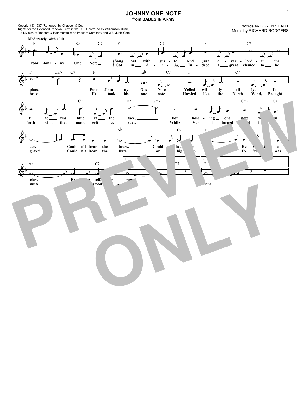 Rodgers & Hart Johnny One-Note Sheet Music Notes & Chords for Melody Line, Lyrics & Chords - Download or Print PDF