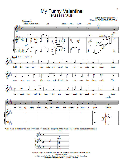 Rodgers & Hart My Funny Valentine Sheet Music Notes & Chords for Melody Line, Lyrics & Chords - Download or Print PDF