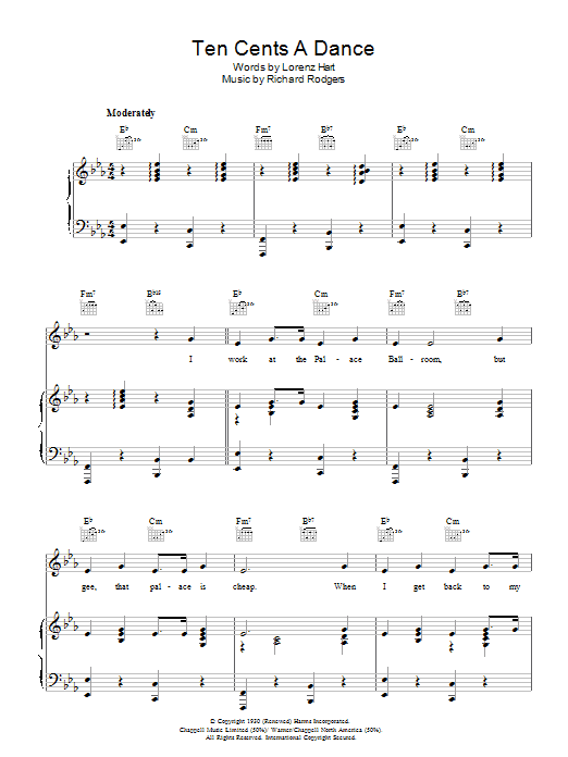 Rodgers & Hart Ten Cents A Dance Sheet Music Notes & Chords for Piano, Vocal & Guitar (Right-Hand Melody) - Download or Print PDF