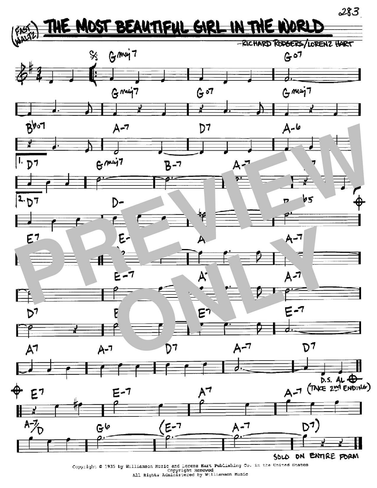 Rodgers & Hart The Most Beautiful Girl In The World Sheet Music Notes & Chords for Real Book - Melody & Chords - Bb Instruments - Download or Print PDF