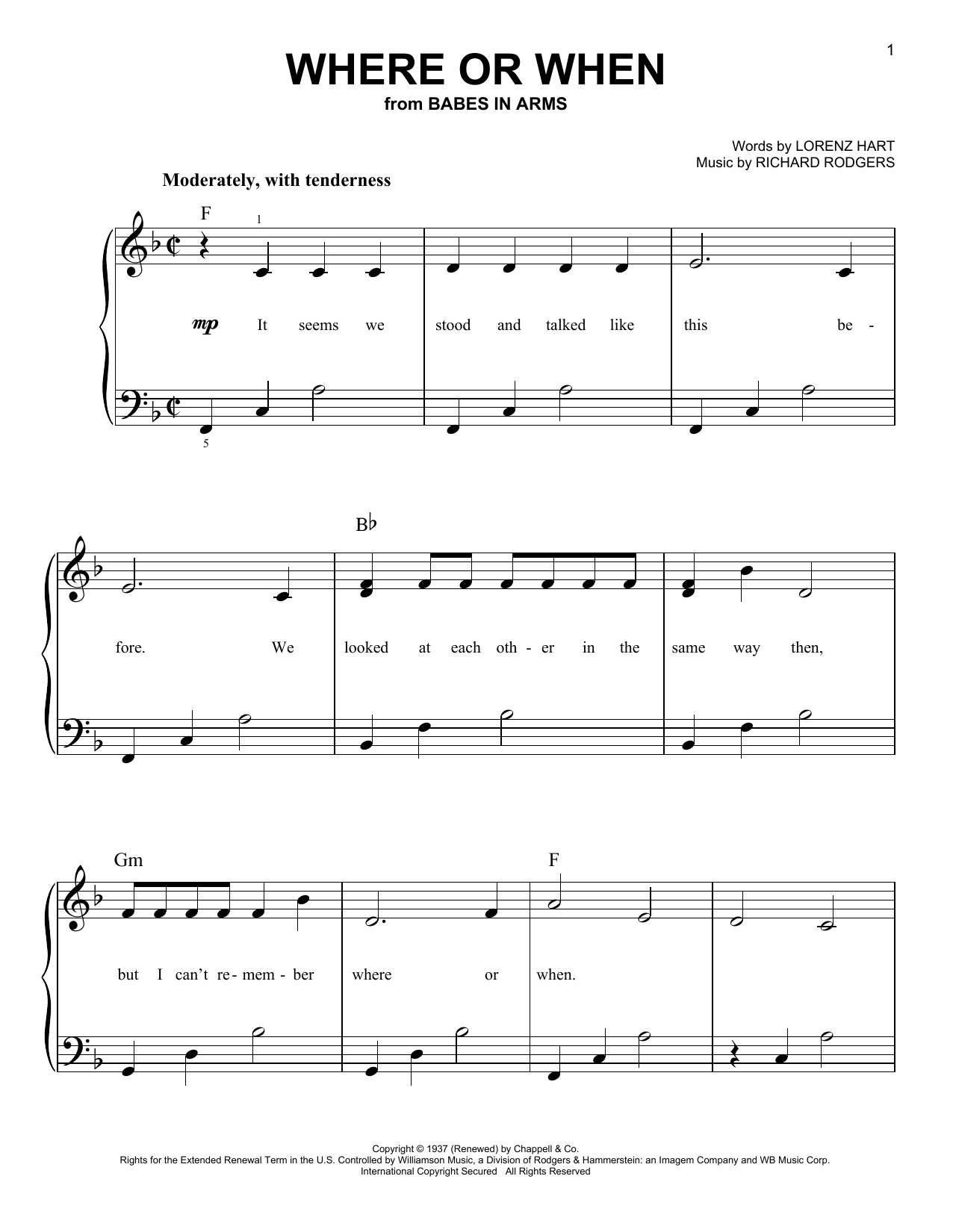 Rodgers & Hart Where Or When Sheet Music Notes & Chords for Easy Piano - Download or Print PDF