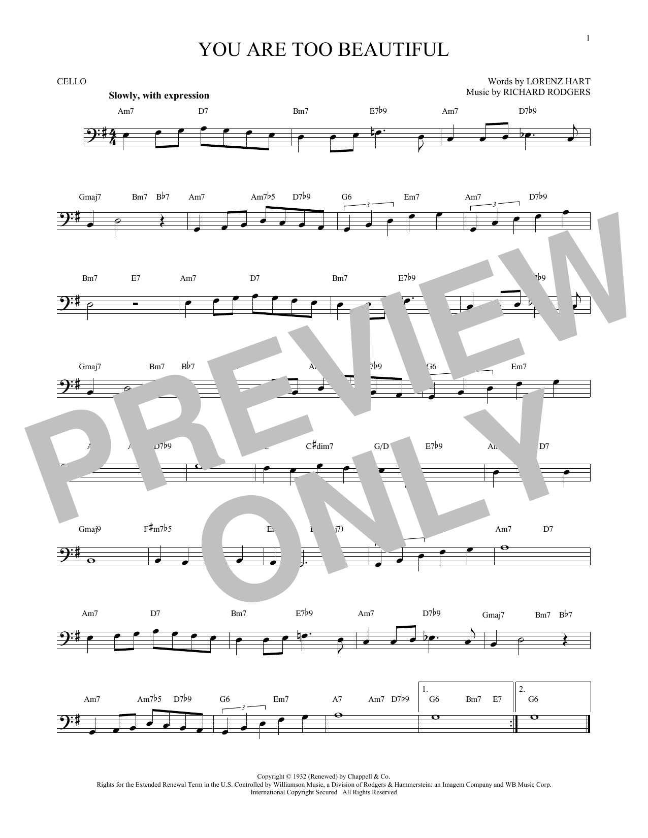 Rodgers & Hart You Are Too Beautiful Sheet Music Notes & Chords for Cello - Download or Print PDF