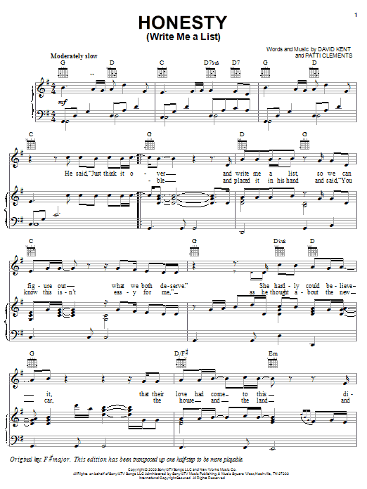 Rodney Atkins Honesty (Write Me A List) Sheet Music Notes & Chords for Piano, Vocal & Guitar (Right-Hand Melody) - Download or Print PDF Rodney Atkins Honesty (Write Me A List) Sheet Music Notes & Chords for Piano, Vocal & Guitar (Right-Hand Melody) - Download or Print PDF