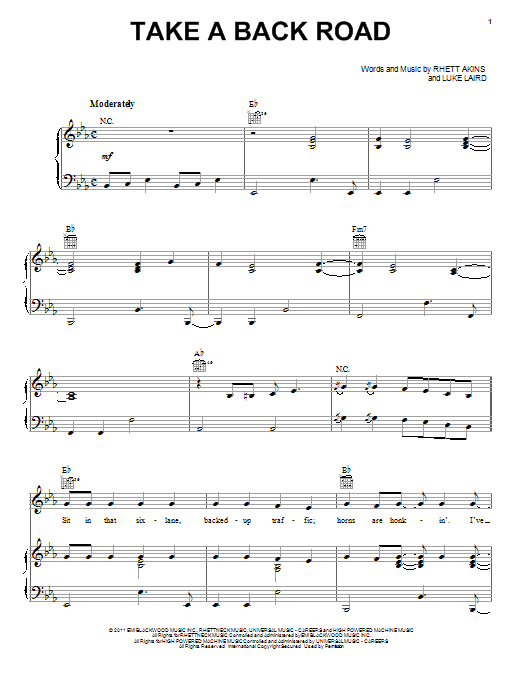 Rodney Atkins Take A Back Road Sheet Music Notes & Chords for Piano, Vocal & Guitar (Right-Hand Melody) - Download or Print PDF