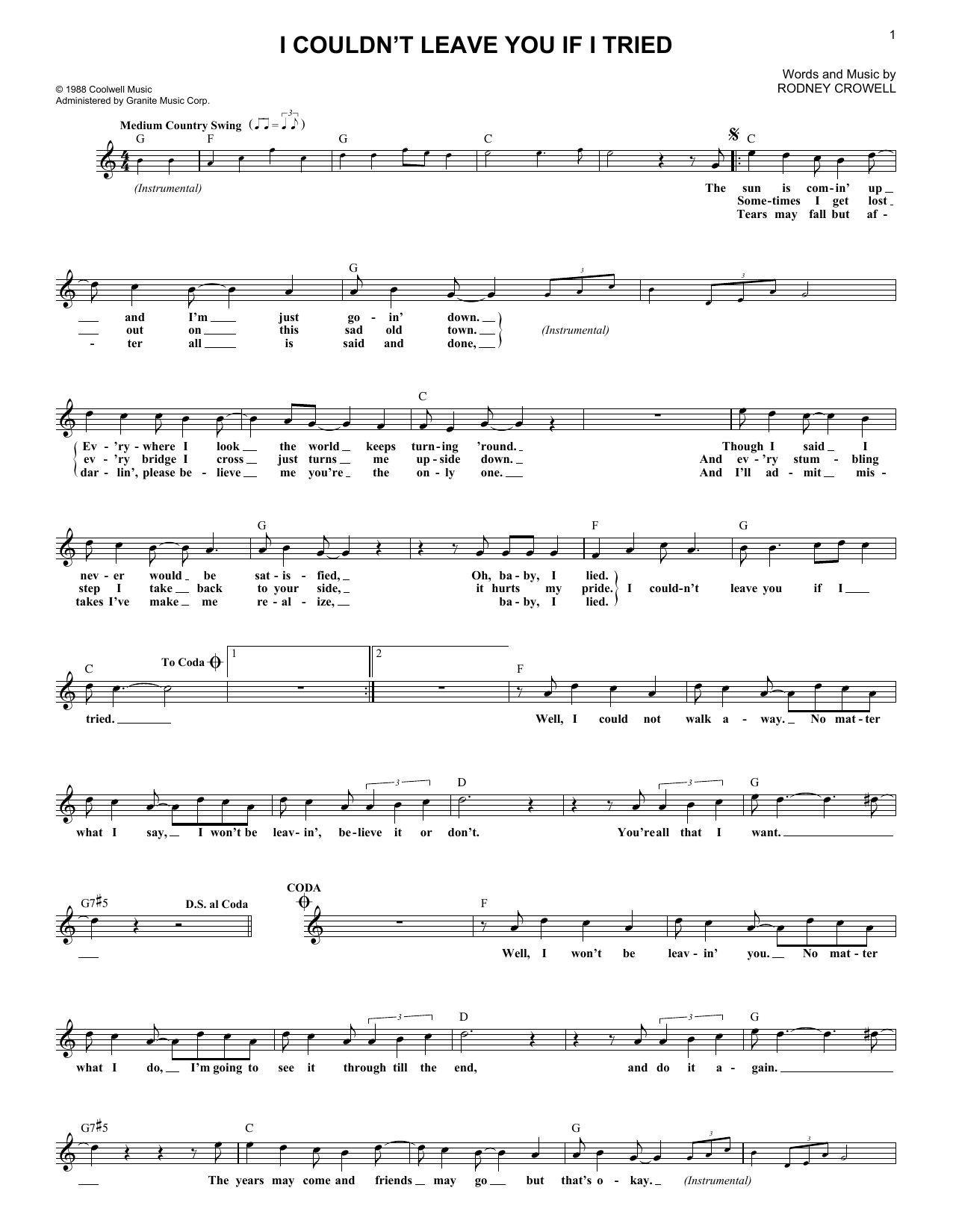 Rodney Crowell I Couldn't Leave You If I Tried Sheet Music Notes & Chords for Real Book – Melody, Lyrics & Chords - Download or Print PDF