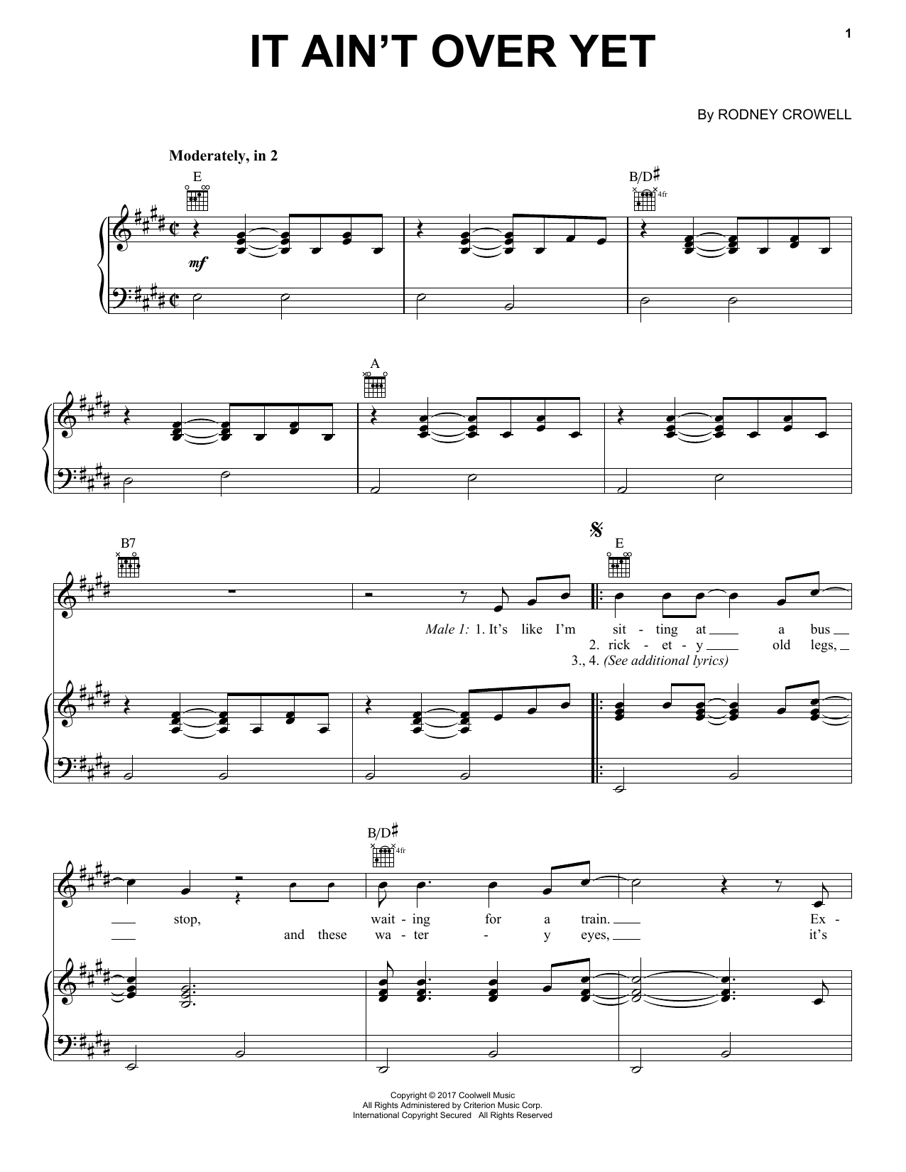 Rodney Crowell It Ain't Over Yet Sheet Music Notes & Chords for Piano, Vocal & Guitar (Right-Hand Melody) - Download or Print PDF