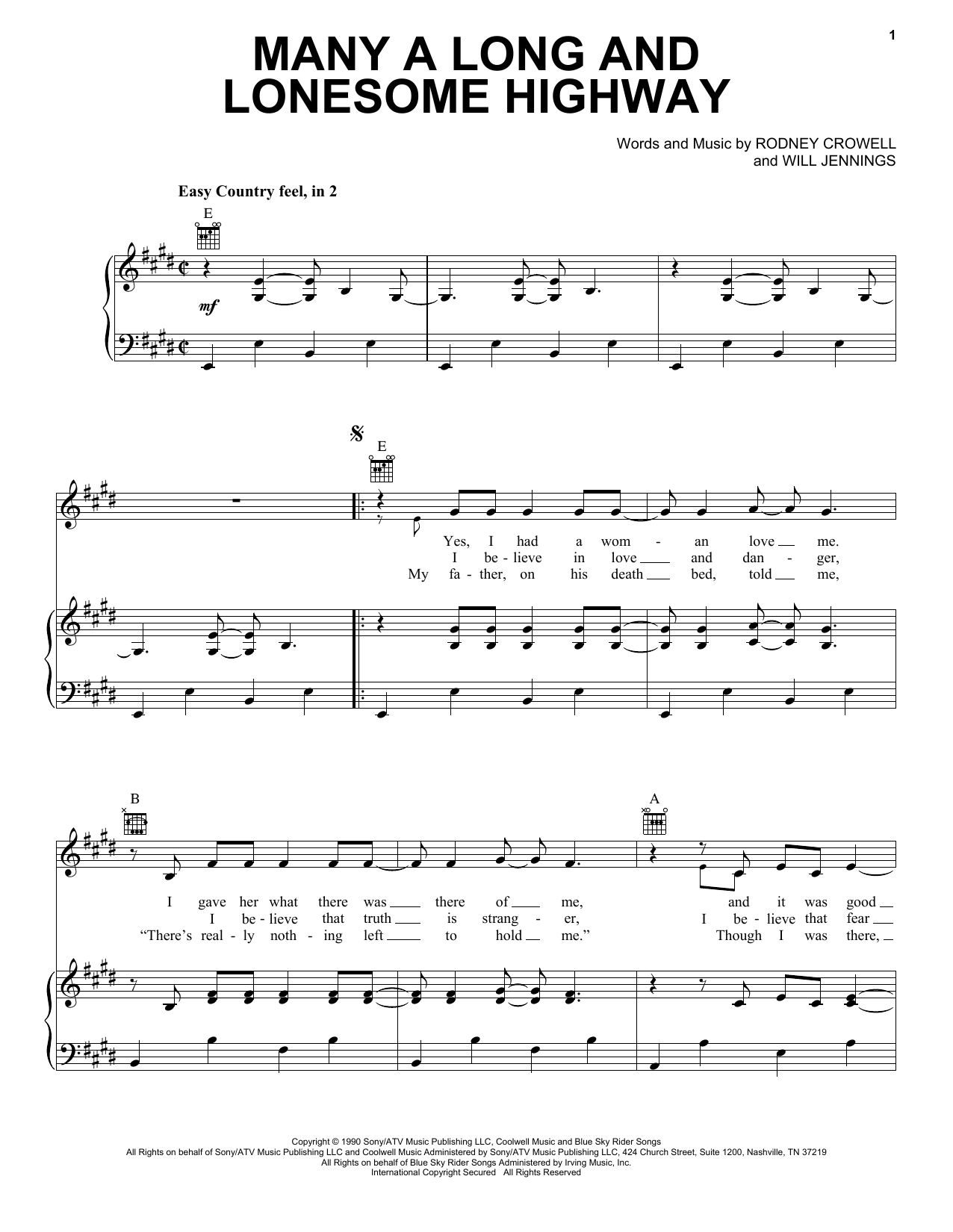 Rodney Crowell Many A Long And Lonesome Highway Sheet Music Notes & Chords for Piano, Vocal & Guitar (Right-Hand Melody) - Download or Print PDF