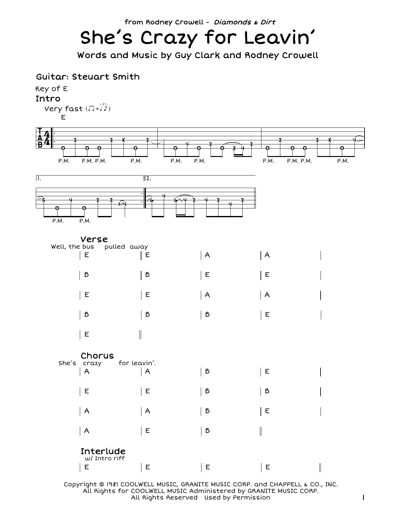 Rodney Crowell She's Crazy For Leavin' Sheet Music Notes & Chords for Guitar Tab - Download or Print PDF