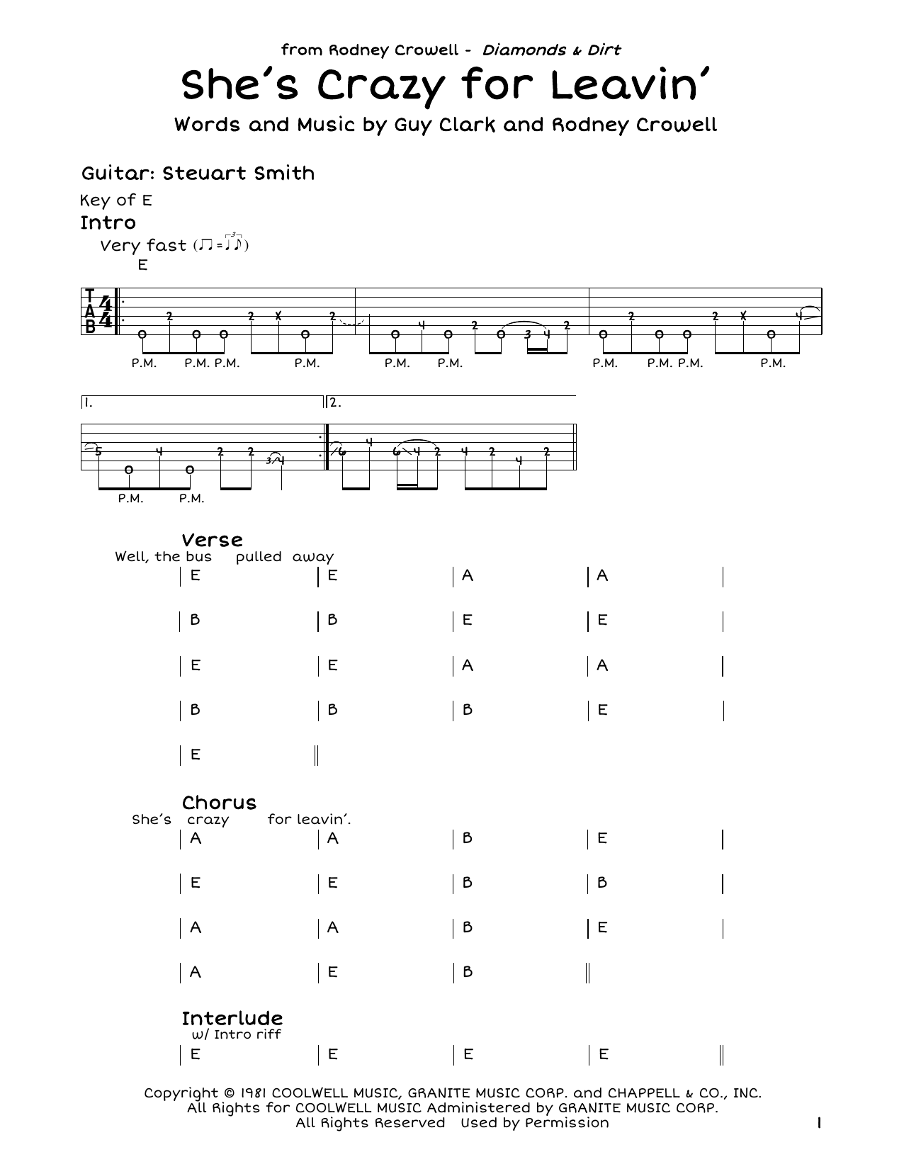 Rodney Crowell She's Crazy For Leavin' Sheet Music Notes & Chords for Easy Guitar - Download or Print PDF