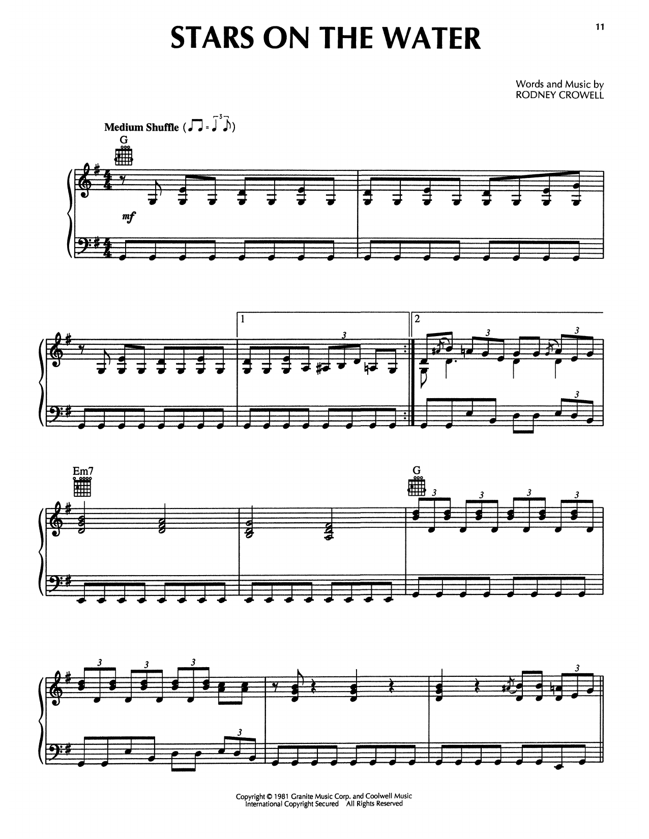 Rodney Crowell Stars On The Water (from The Firm) Sheet Music Notes & Chords for Piano Solo - Download or Print PDF
