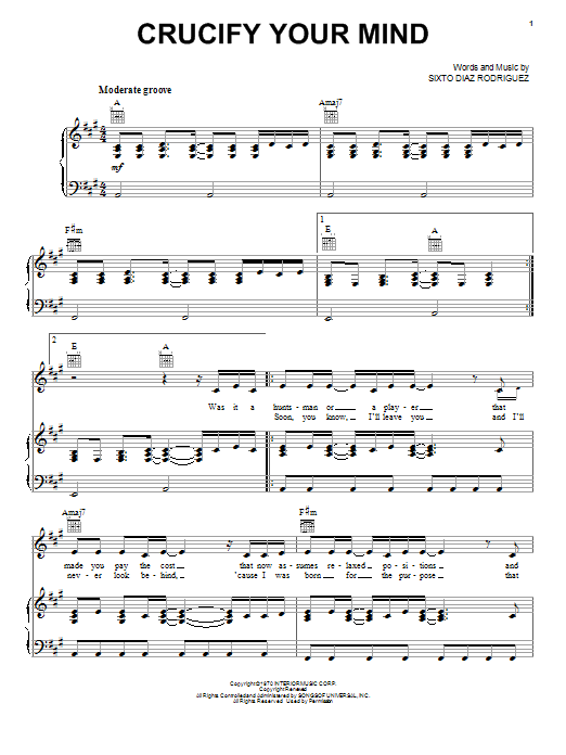 Rodriguez Crucify Your Mind Sheet Music Notes & Chords for Piano, Vocal & Guitar (Right-Hand Melody) - Download or Print PDF