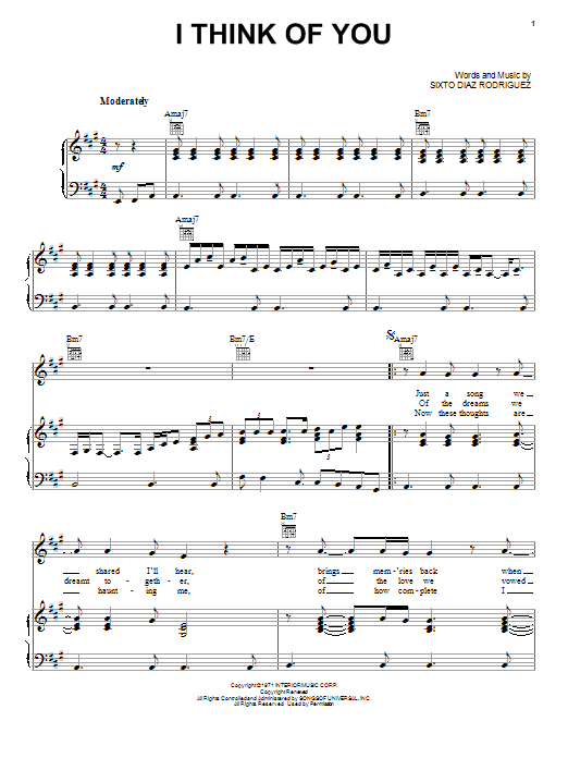 Rodriguez I Think Of You Sheet Music Notes & Chords for Piano, Vocal & Guitar (Right-Hand Melody) - Download or Print PDF