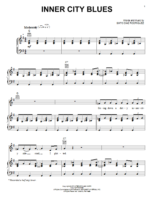 Rodriguez Inner City Blues Sheet Music Notes & Chords for Piano, Vocal & Guitar (Right-Hand Melody) - Download or Print PDF