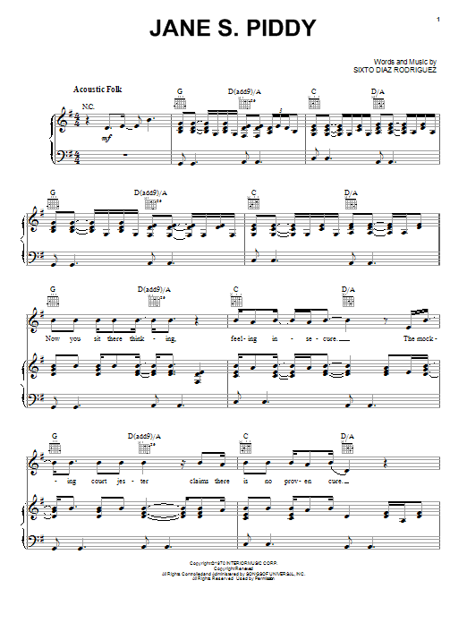 Rodriguez Jane S. Piddy Sheet Music Notes & Chords for Piano, Vocal & Guitar (Right-Hand Melody) - Download or Print PDF