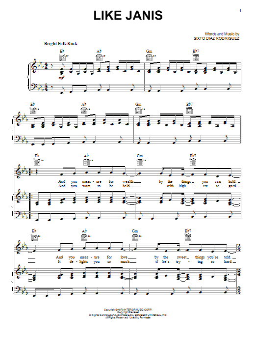 Rodriguez Like Janis Sheet Music Notes & Chords for Piano, Vocal & Guitar (Right-Hand Melody) - Download or Print PDF