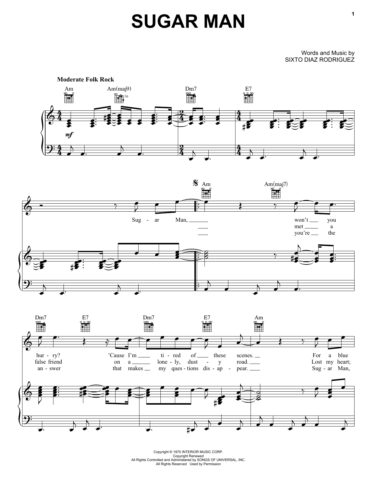 Rodriguez Sugar Man Sheet Music Notes & Chords for Lyrics & Chords - Download or Print PDF