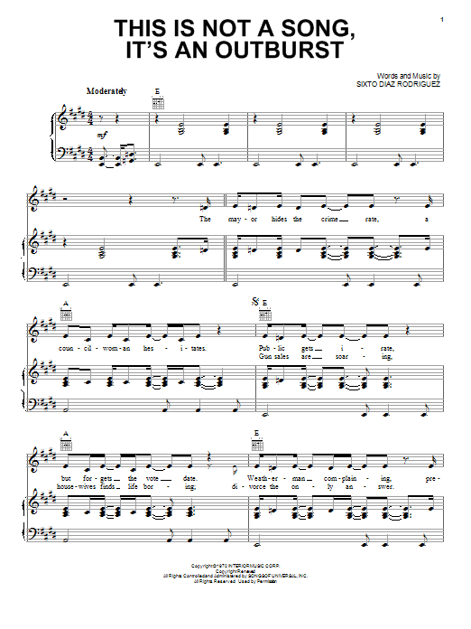 Rodriguez This Is Not A Song, It's An Outburst Sheet Music Notes & Chords for Piano, Vocal & Guitar (Right-Hand Melody) - Download or Print PDF