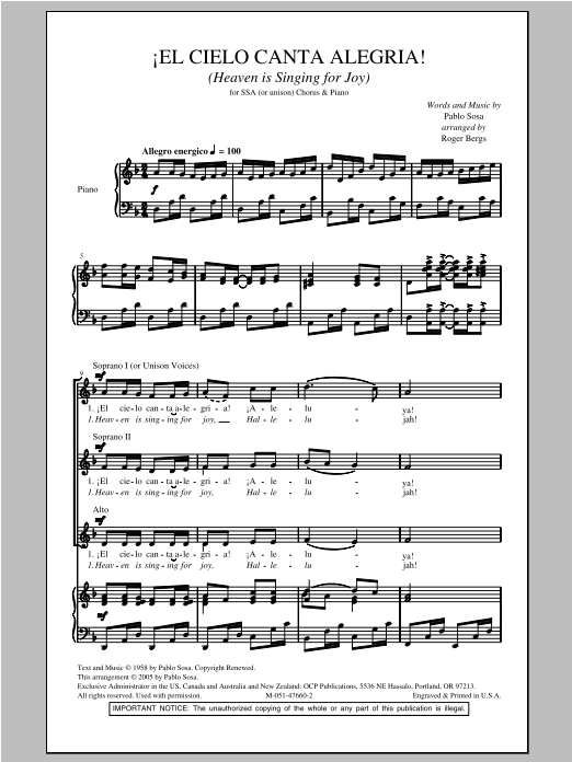 Roger Bergs El Cielo Canta Alegria! (Heaven Is Singing For Joy!) Sheet Music Notes & Chords for SSA - Download or Print PDF