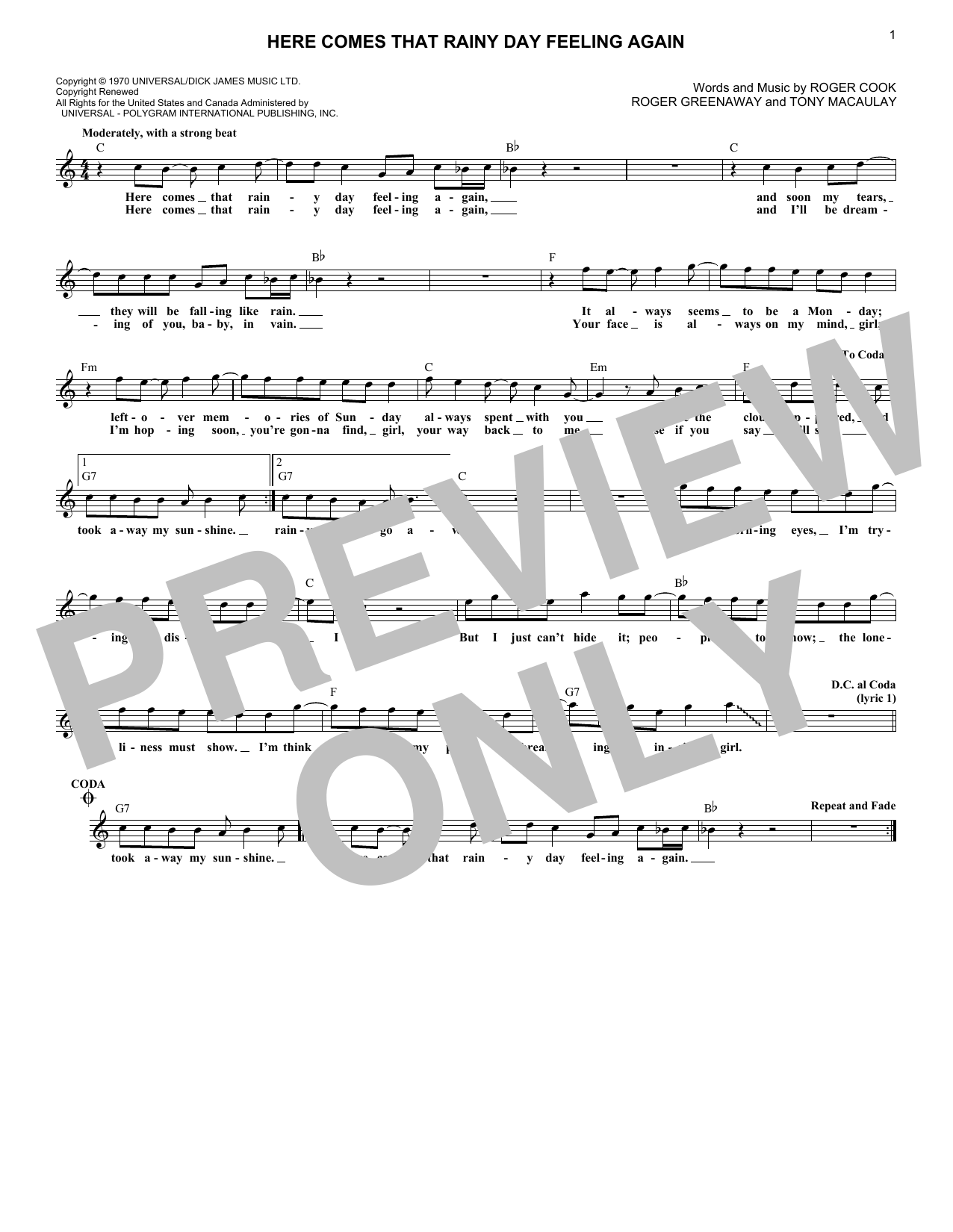 Roger Cook Here Comes That Rainy Day Feeling Again Sheet Music Notes & Chords for Melody Line, Lyrics & Chords - Download or Print PDF