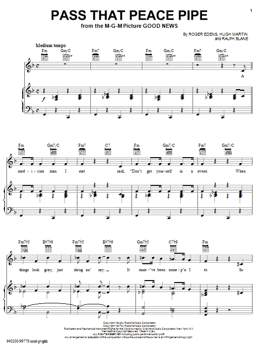 Roger Edens Pass That Peace Pipe Sheet Music Notes & Chords for Piano, Vocal & Guitar (Right-Hand Melody) - Download or Print PDF