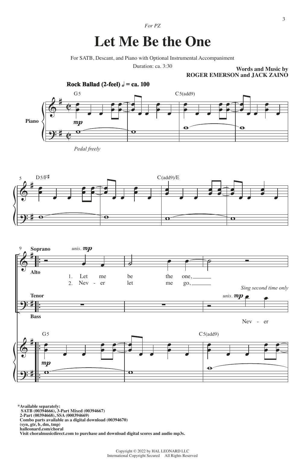Roger Emerson & Jack Zaino Let Me Be The One Sheet Music Notes & Chords for SSA Choir - Download or Print PDF