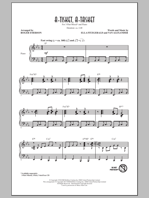 Ella Fitzgerald A-Tisket, A-Tasket (arr. Roger Emerson) Sheet Music Notes & Chords for 3-Part Mixed - Download or Print PDF