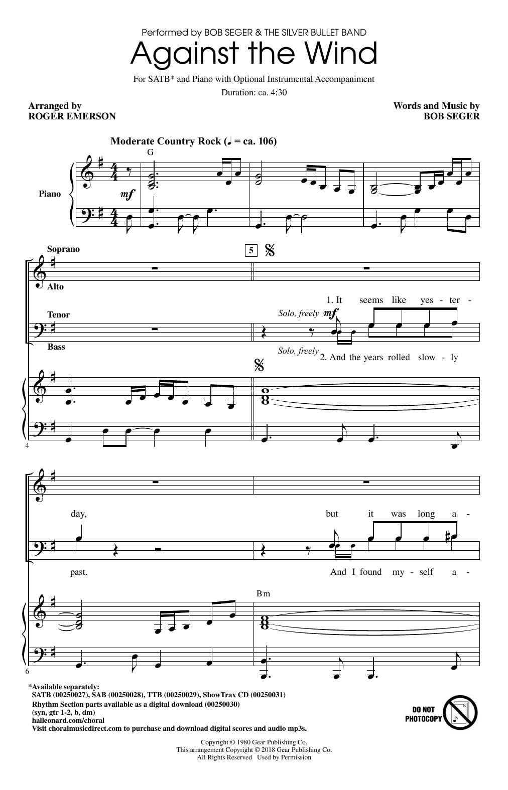 Roger Emerson Against The Wind Sheet Music Notes & Chords for TTBB - Download or Print PDF