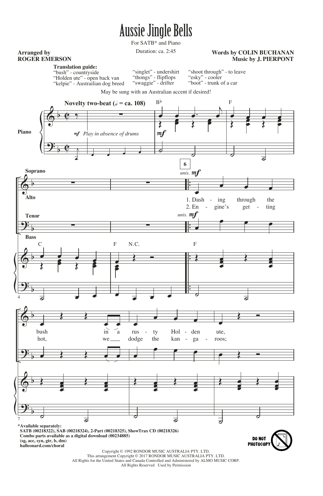 Roger Emerson Aussie Jingle Bells Sheet Music Notes & Chords for SAB - Download or Print PDF